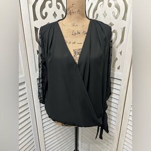 7th Avenue New York and Company Elegant Black Wrap With Sheer sleeves Top